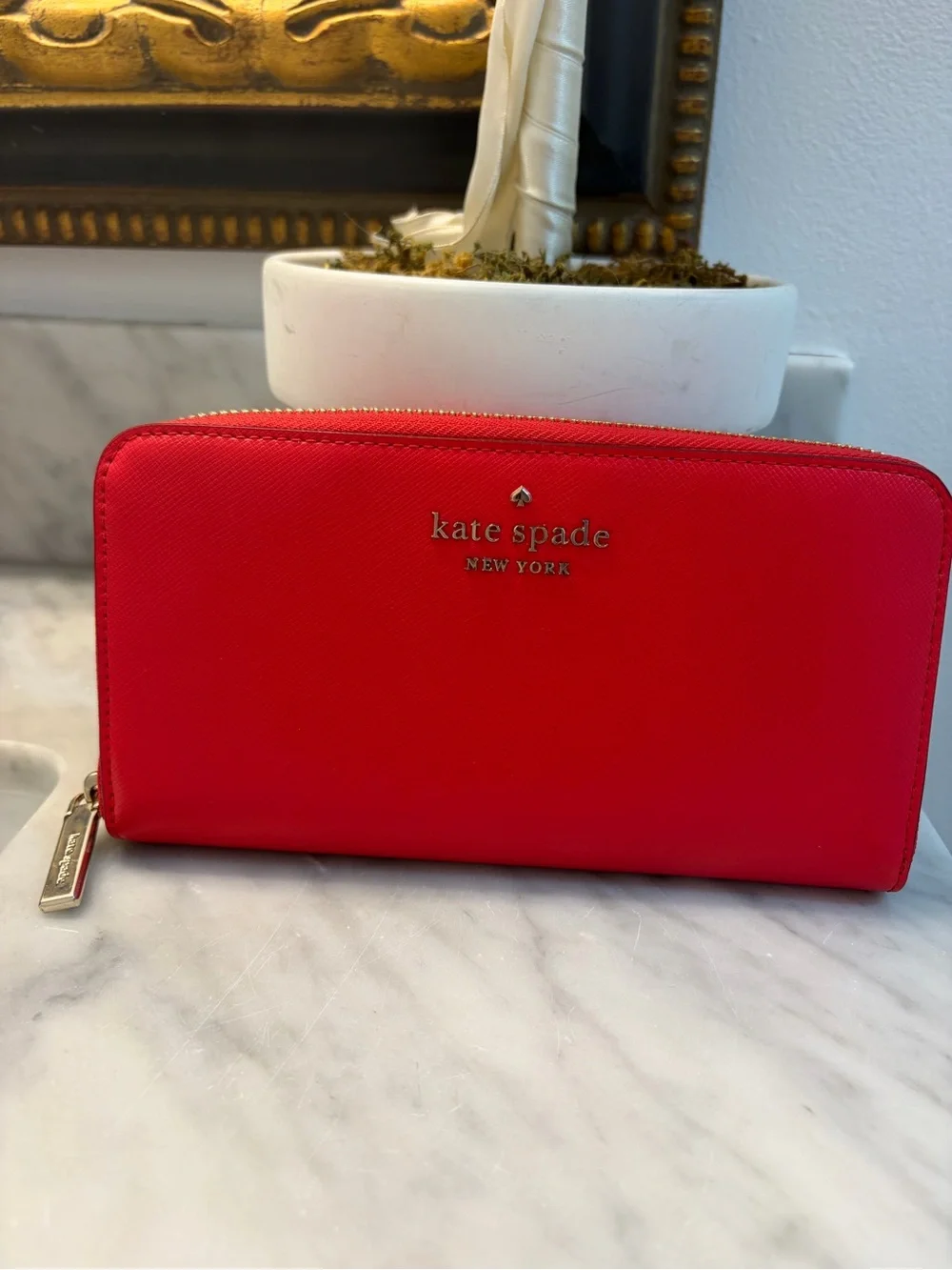 kate spade Geranium Frannie Zip-Around Saffiano Wallet with Gold Hardware